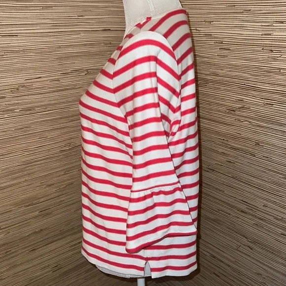 Pure medium cream & coral striped 3/4 bell sleeve French inspired boat neck top - Picture 2 of 6